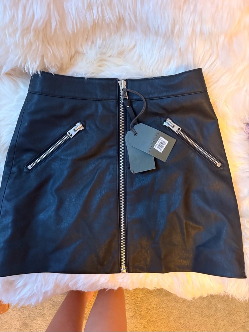All Saints Black Faux Leather Zip-Front Mini Skirt